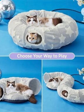 BEDSURE Plush Star-Print Cat Bed & Tunnel - GREY STARS ⭐️❗️🐾🐈‍⬛